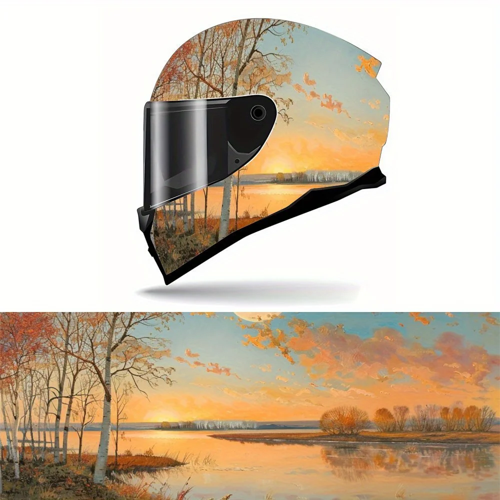 Tranquilité d'automne, beauté naturelle, lac de jour, arbres, art, autocollants pour casque de moto - PVC durable, casque de course de moto aesth