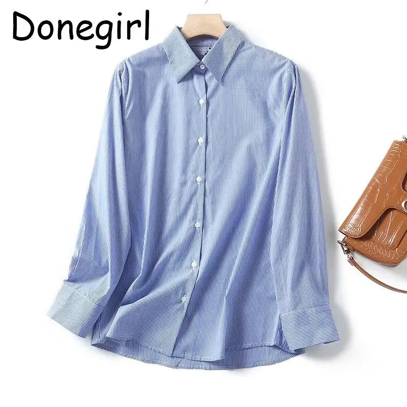 Donegirl-camisa holgada con estampado de rayas finas para mujer, blusas versátiles, básicas, simples e informales, novedad de otoño, 2023