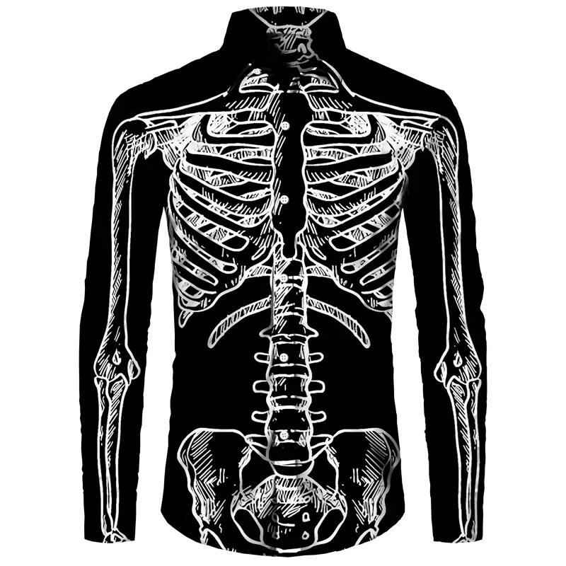 

2025 New Funny Skeleton Graphic 3D Print Polyester Long Sleeve Shirt For Men Halloween Cosplay Lapel Button Shirt Unisex Clothes
