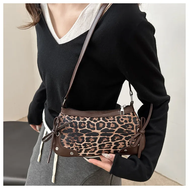 Neue Achselhöhle Tasche Trendy Schulter Tasche für Frauen Süße Doppel Bogen Handtasche Damen Tasche Retro Mode Weibliche Leopard Print Schulter Tasche – Detail 11