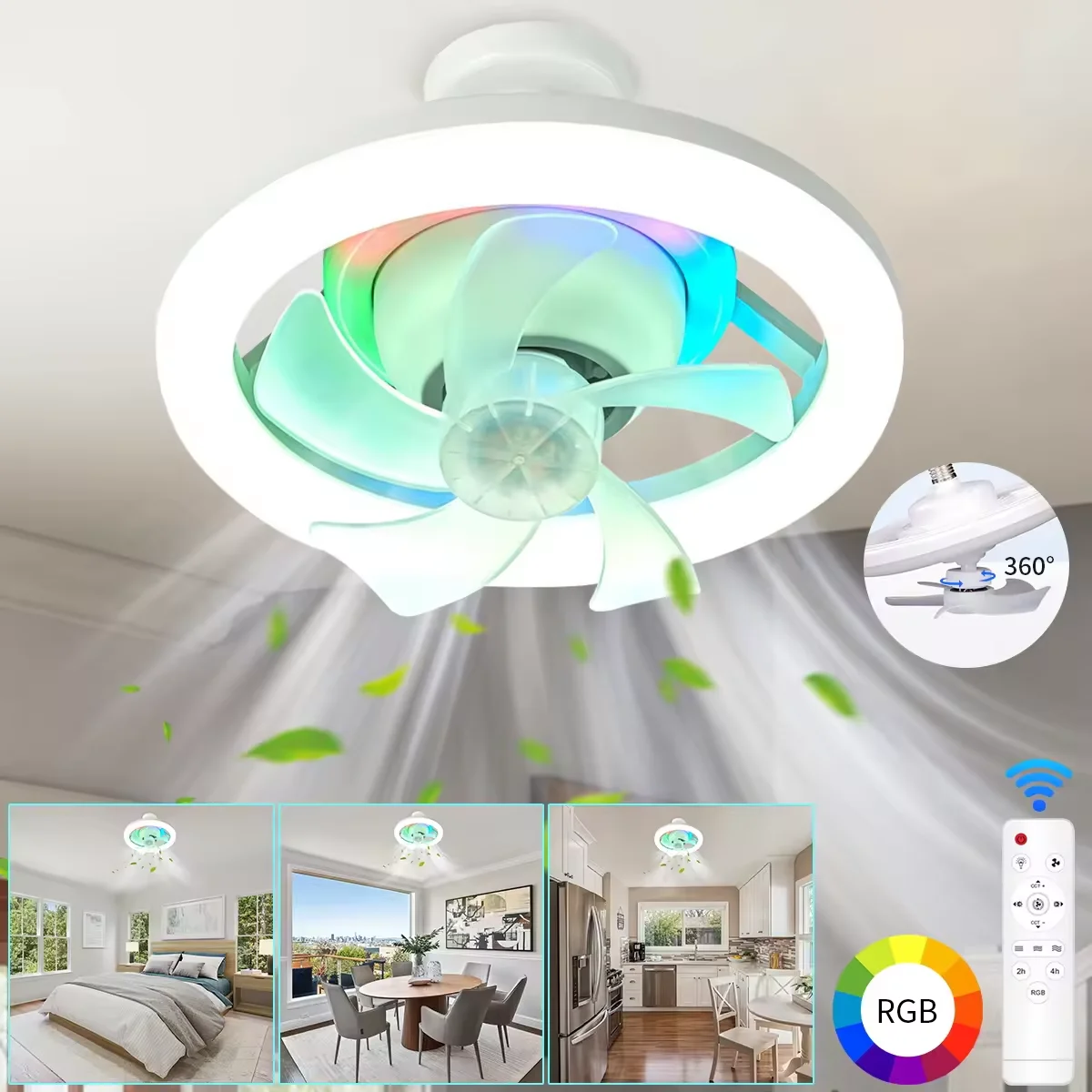 E27 Ceiling Fan Bulb With LED Light And Remote Control Chandelier RGB Color 3 Wind Speed Silent Fan For For Living Room Lighting