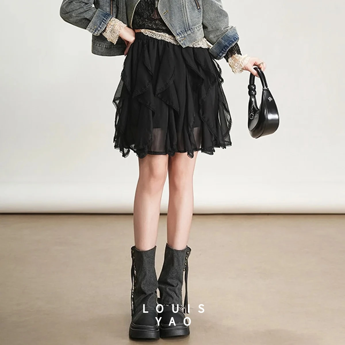 

LOUISYAO High Waist Irregular Lace Skirt 2025 Spring Women Casual Splicing Design Midi Skirt Streetwear