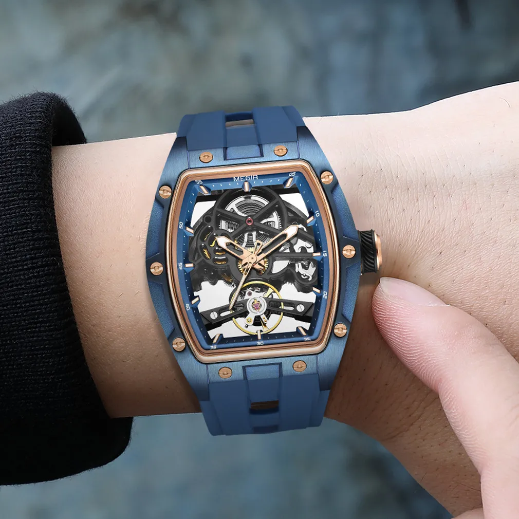 MEGIR New Automatic Mechanical Watch for Men Stainless Steel Case Luminous Skeleton Sport Casual Watches Clock Relogio Masculino