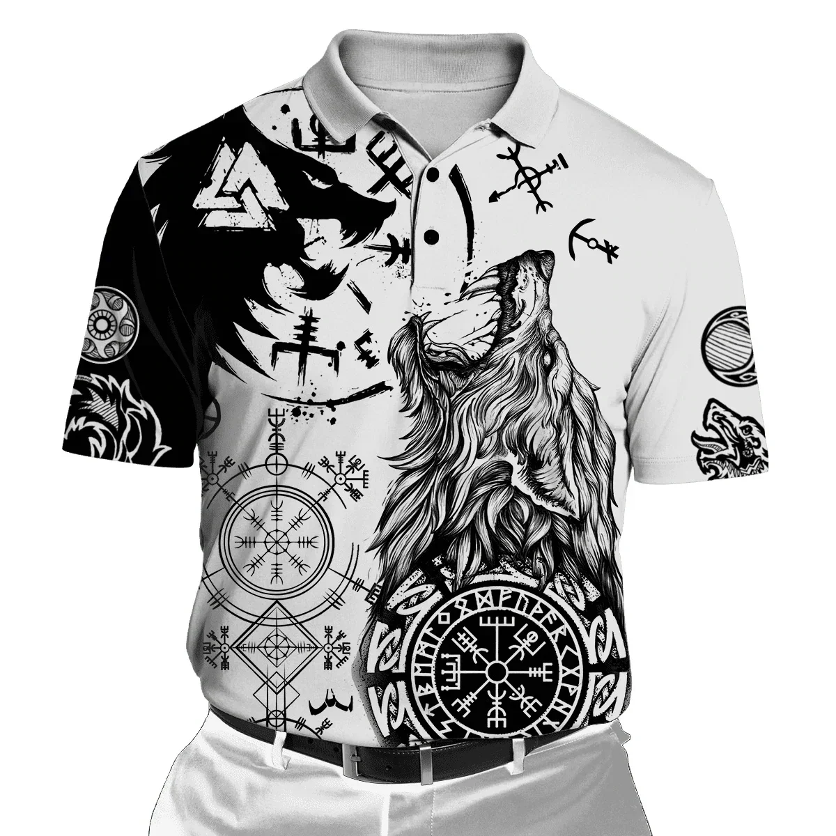 PLstar Cosmos Wolf Tattoo Valknut Dragon Rune 3D All Over Printed Men's Polo Shirts Casual lapel short sleeve shirt PLP06