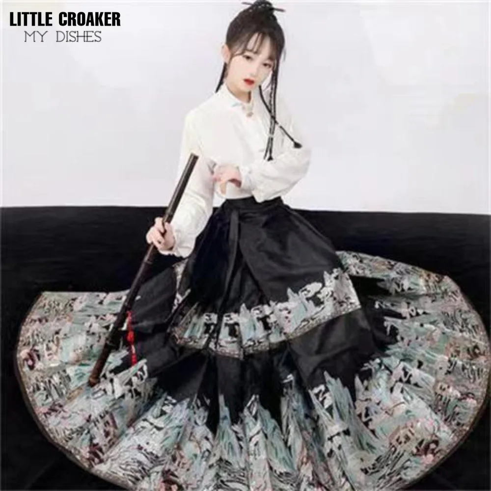 Retro Chinese Style Wrapped Burgundy Black Long Skirt Weaving Gold Fabric High Waist Pleated Skirts for Women Horse Face Skirt