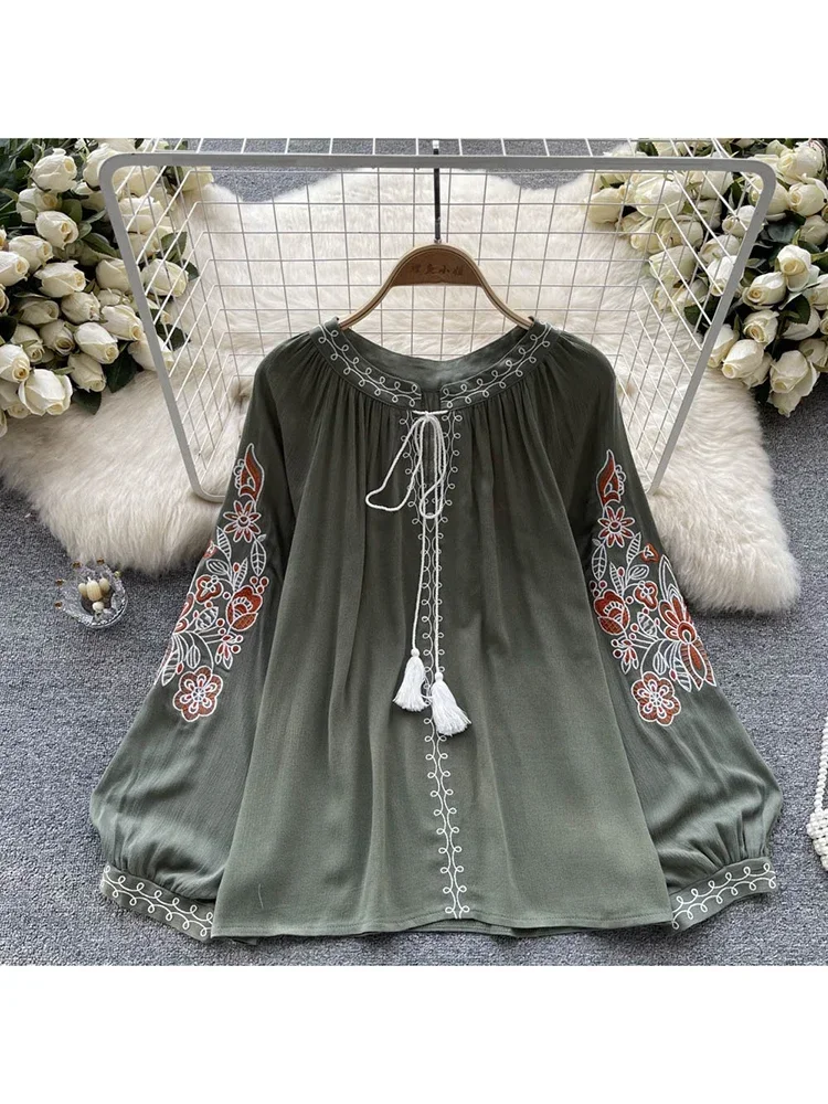 Women Spring Autumn Blouse French with Foreign Air Thin Retro Ethnic Style Embroidery Printing Lace Up Chic Shirt Tops D2533