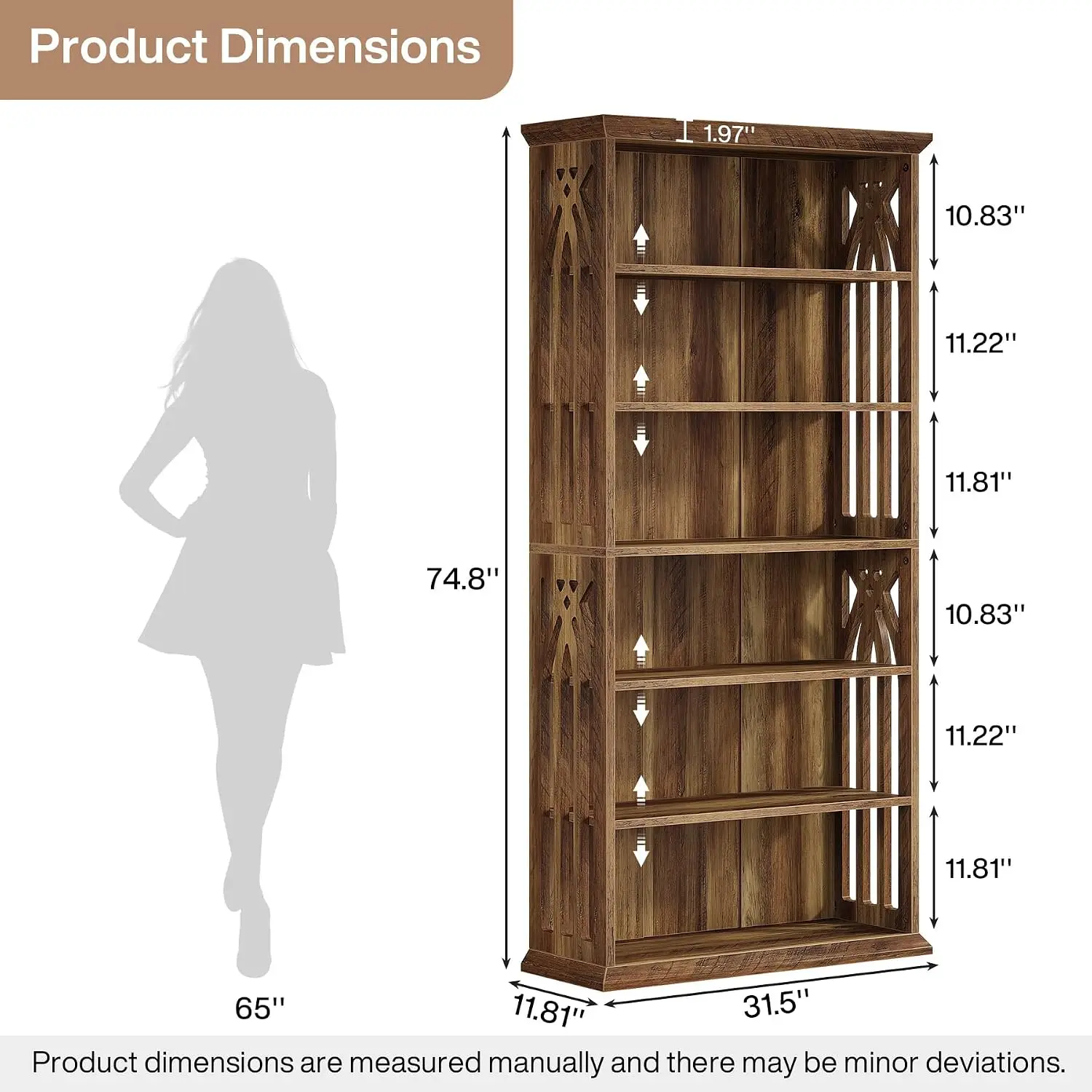 6-Tier Tall Bookshelf 75-Inch Freestanding Display Shelf Wood Storage for Living Room Home Office Bedroom, Customized