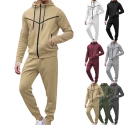 Sweatsuit esportivo masculino, Hoodie de lã Tech, Casaco Quadrados Pequenos, Stretch Training Wear, Conjunto Jacquard Sweatpants