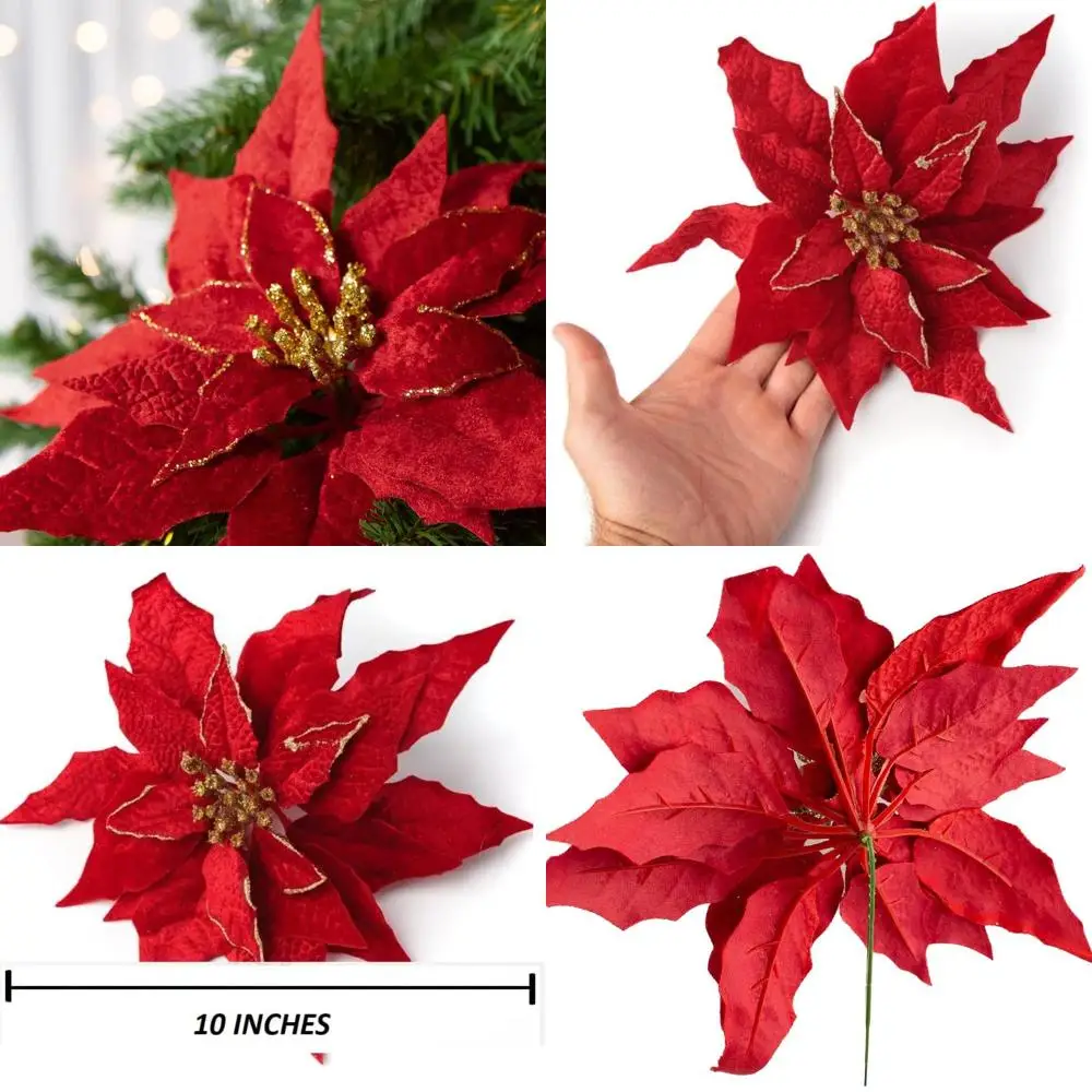 

Насыщенные красные бархатные цветы пуансеттии с золотой блестящей отделкой — набор из 6 шт. для рождественских украшений