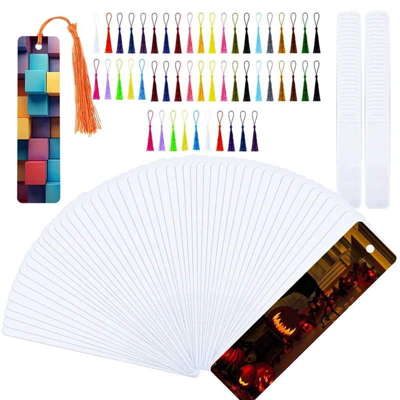 50 Sets Sublimation Blank Bookmarks, DIY Blank Aluminum Metal Bookmarks With Clear Bookmark Sleeves Tassels