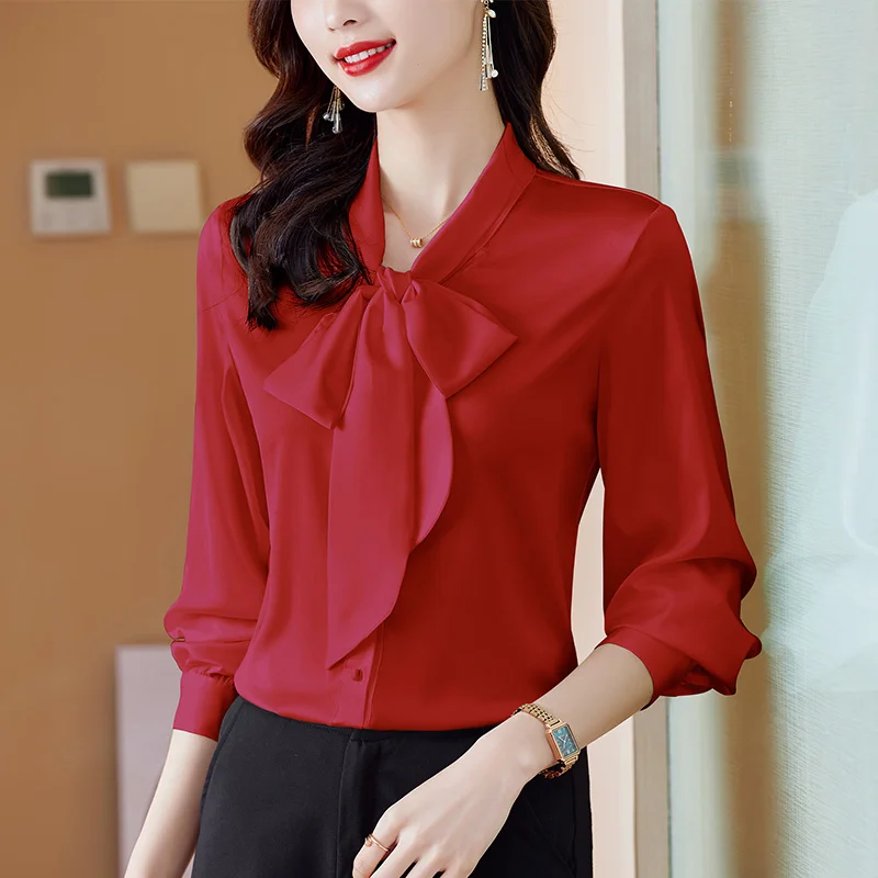 #2513 Spring 2023 Chiffon Shirts Women Bow Collar Long Sleeve Shirt Black White Green Red Office Shirts Ladies Elegant Shirts