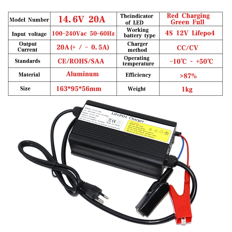 14.6V 20A Lifepo4 Smart Charger 100-240V 4S 12V 20A High Power Charger for 12.8V Lifepo4 Battery Pack With Fan Aluminum Case