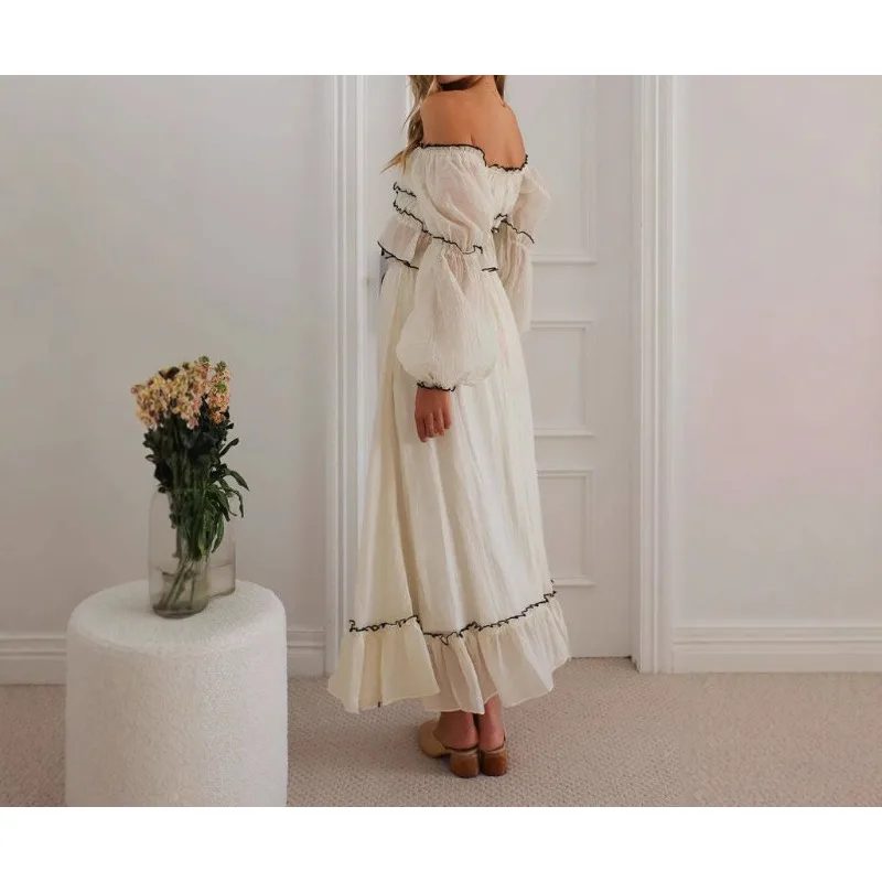 

2026 Summer One-word Neck Bubble Sleeve Vacation Top Skirt Set