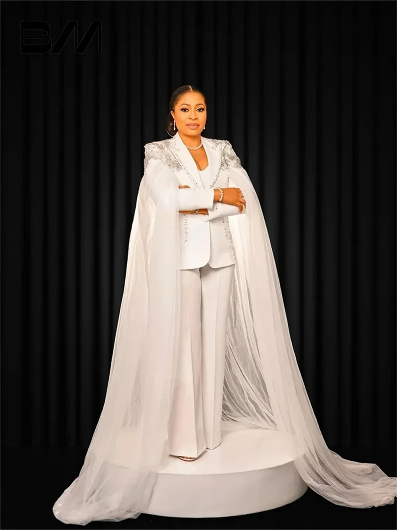 White Women Suit Set 2 Piece Blazer With Wrap+Pants Luxury Crystal Single Breasted Wedding Jacket Trousers Customize Prom Dress