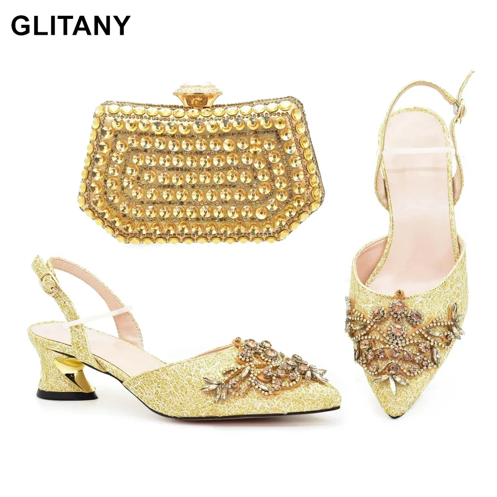 New Arrival 2025 Elegant Lady Pointed-Toe Party Shoes Hollow Embroidery Rhinestone Design Italian Shoes and Bags Matching Set