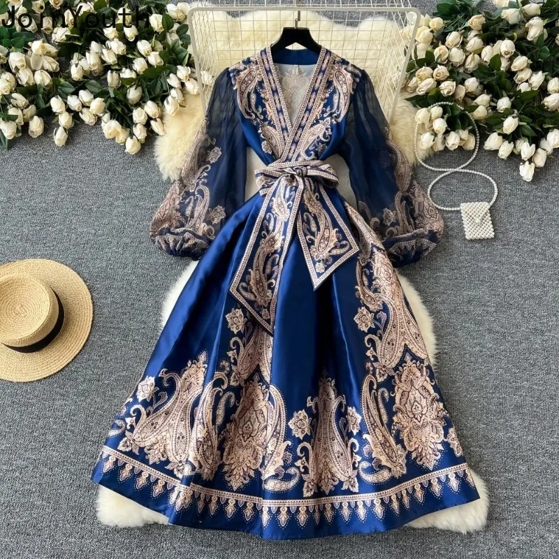 Korean Temperament Robe Femme V Neck Lantern Sleeve Mesh Dresses Lace Up Panelled Big Swing Vestidos Court New Print Moda Dress