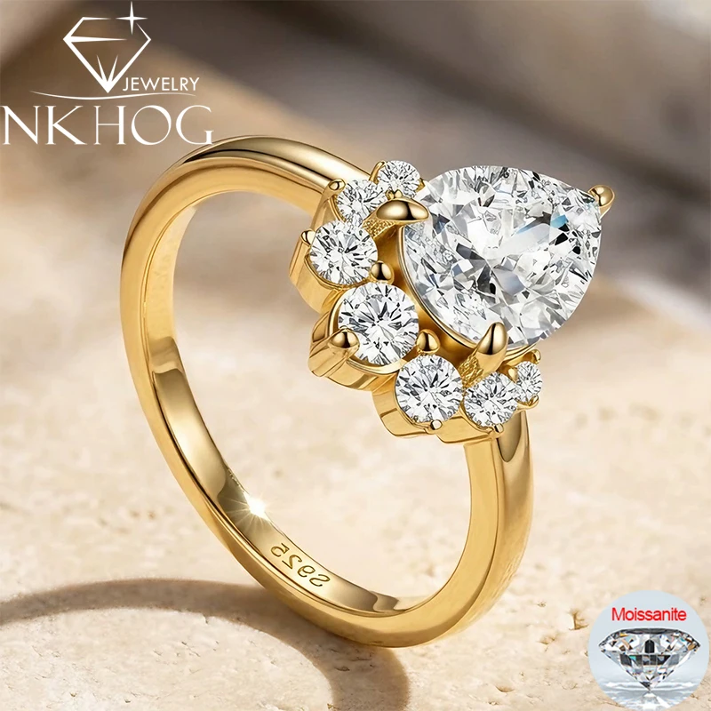 NKHOG 2CT Moissanite Ring For Woman Water Drop Pear-Shaped Wedding Band 925 Sterling Silver Rings Engagement Sparkling Certified