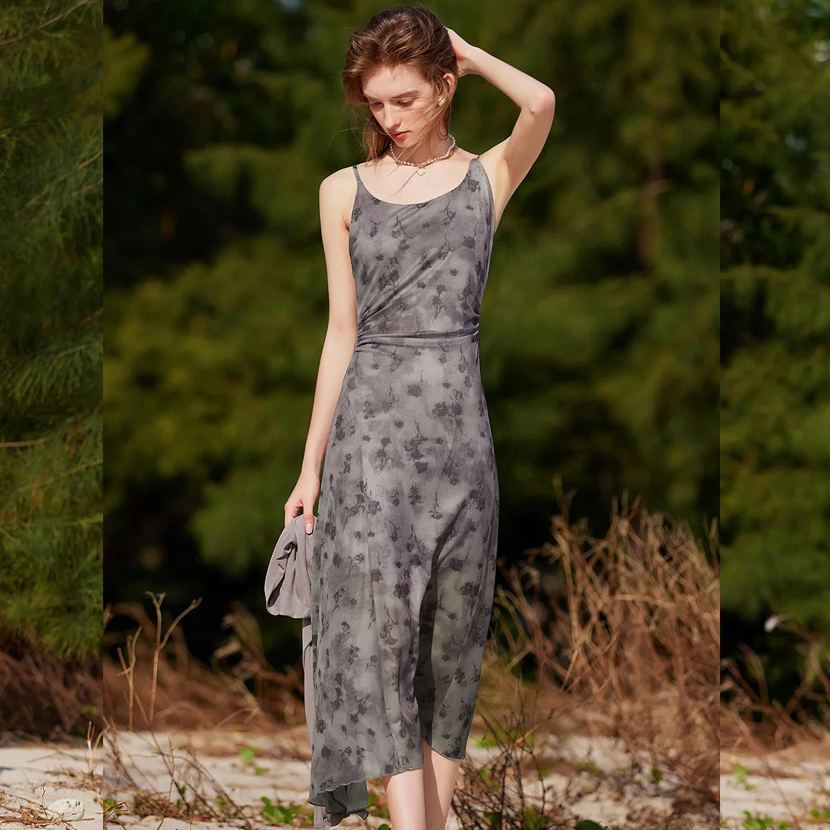 LOUIS YAO جديد بروتيل فستان طويل سترة المعطف الخارجي قطعتين مجموعة 2025 صيف جديد Shiring تصميم أنيق فستان نسائي مجموعة