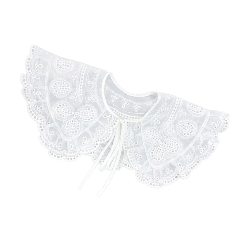 S1Y1 Stylish Small Capelet False Collar with Elegant Lace Ruffle Trim Hollow Out Embroidery Shawl for Collarless Clothing