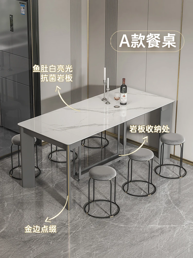 Folding dining table, home extendable, shrinkable apartment type rock slab, modern simple solid wood, thin rice table, dining ch