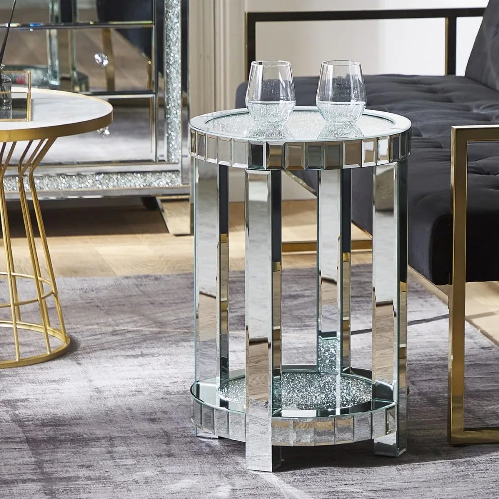 Mirrored End Table Round with Crystals Inlay, 2-Tier Modern Small Sofa Table with Storage, Silver Accent Table for Living Room,