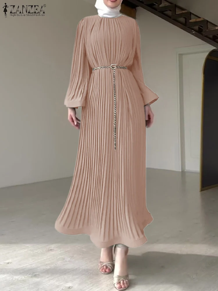 

ZANZEA Fashion Muslim Abaya Hijab Dress Autumn Pleated Maxi Dresses Women Elegant Long Sleeve Loose Party Vestidos Turkey Kaftan