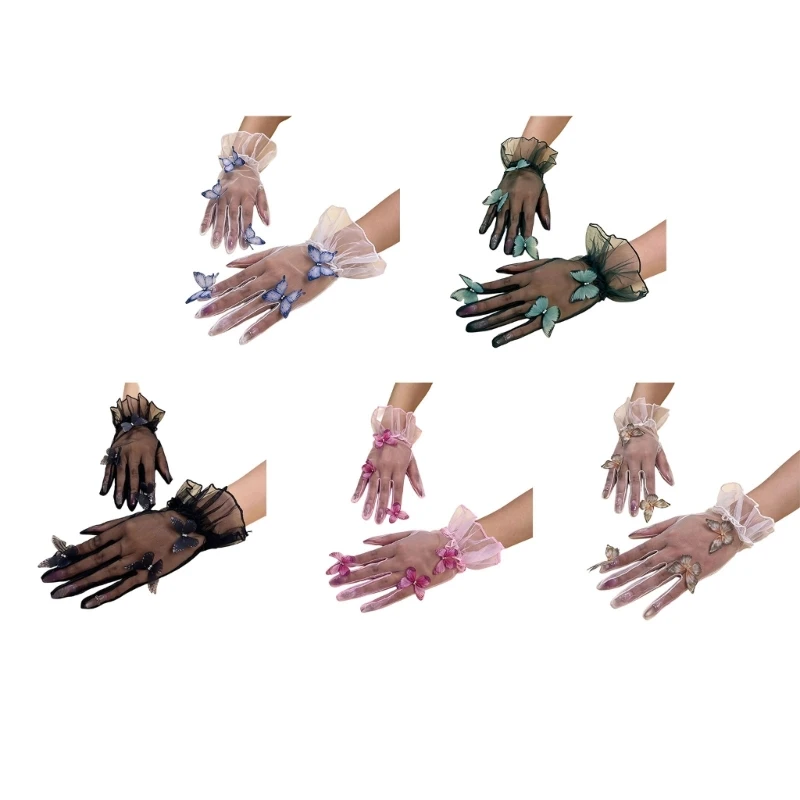 652B 2Lots Ruffled Tulle Decoration Gloves Delicate Bows Bridal Gloves Dance Mittens