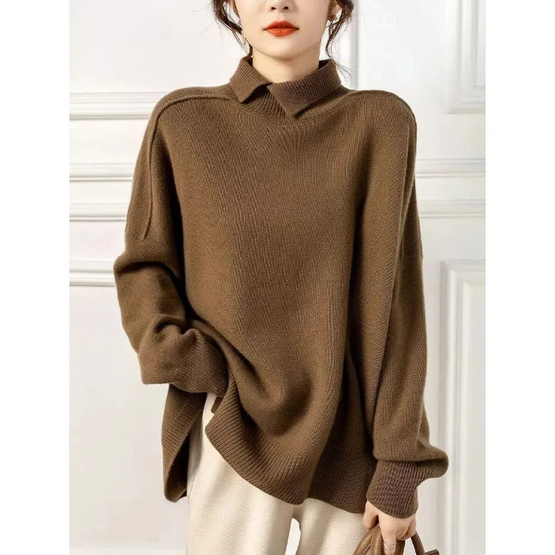 

Модные осенне-зимние свитера во французском стиле, женские свитера с воротником-поло, однотонные лоскутные свободные пуловеры с длинными рукавами, вязаный топ