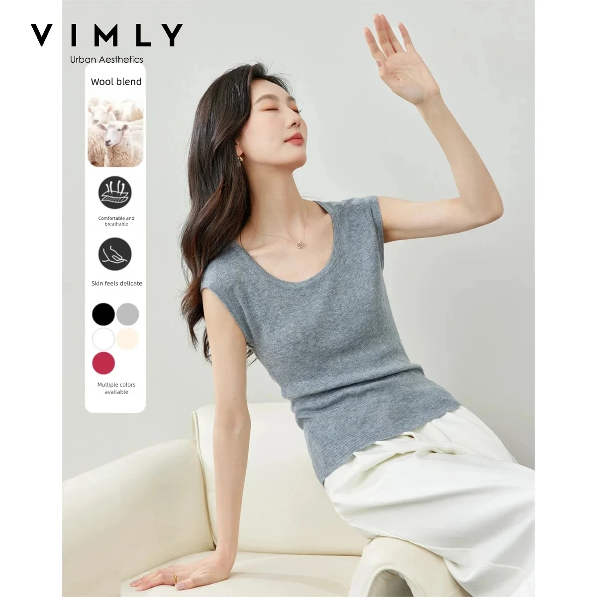 VIMLY Women's Grey Tank Tops 2026 Summer Elegant U-neck Sleeveless Knit Top Slim-fit Simple Elegant Versatile Tanks Female 73129