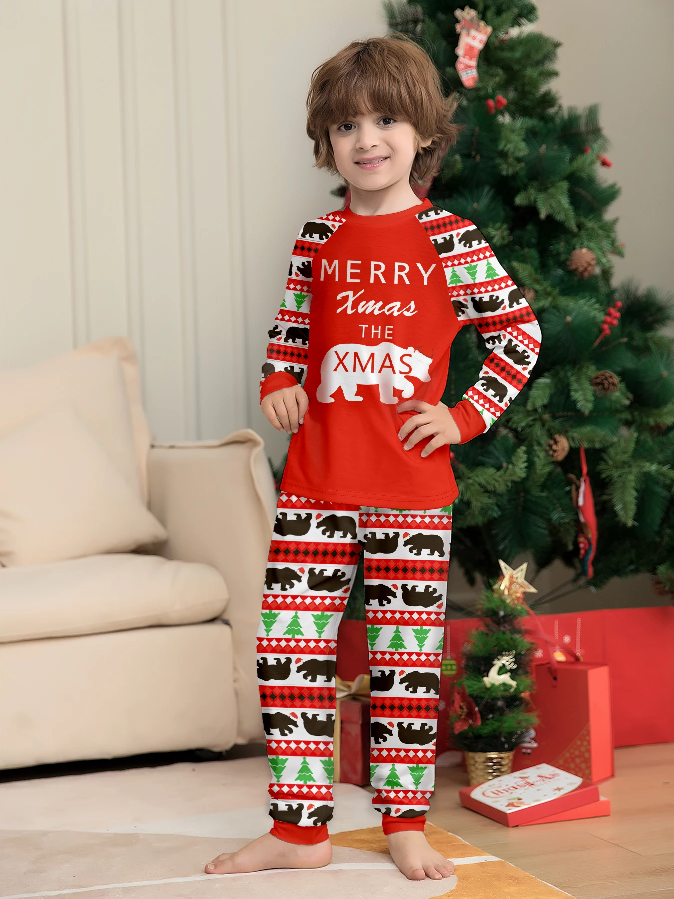 طقم بيجامات عيد الميلاد للأطفال للجنسين بأكمام طويلة مع طباعة الدب "عيد ميلاد سعيد" وسراويل شجرة الدب الاحتفالية