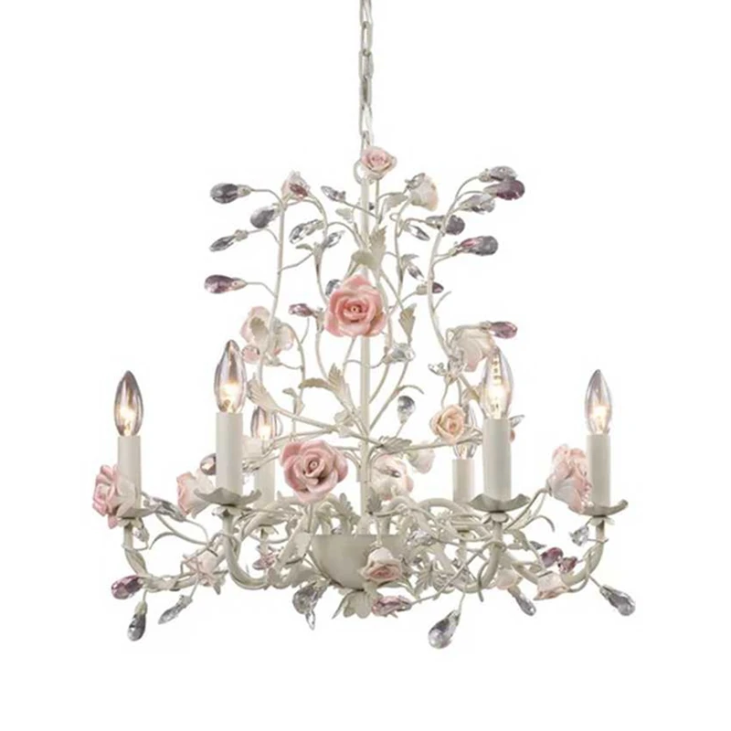

Pink Purple Princess Crystal Flower Chandelier European French Pastoral Cream Style Girl Room Bedroom Light