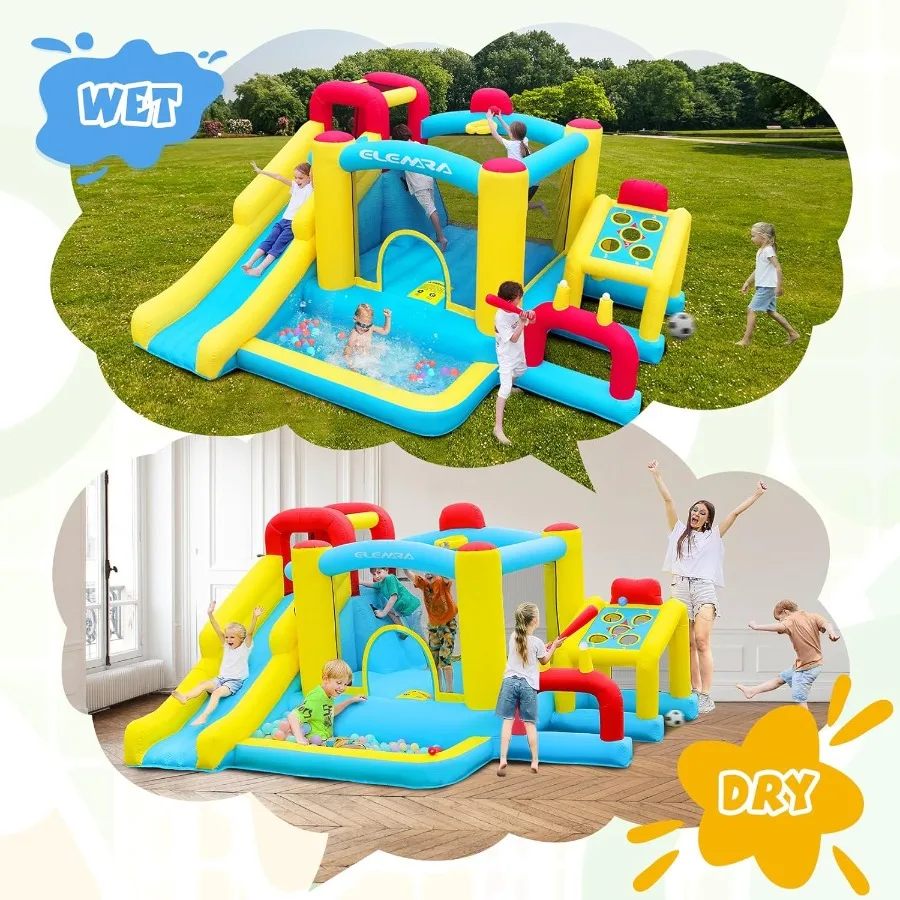 Maison gonflable de rebond, maison gonflable 7 en 1 avec souffleur, maison de rebond pour enfants avec toboggan, zone de saut, zone de baseball/football, panier
