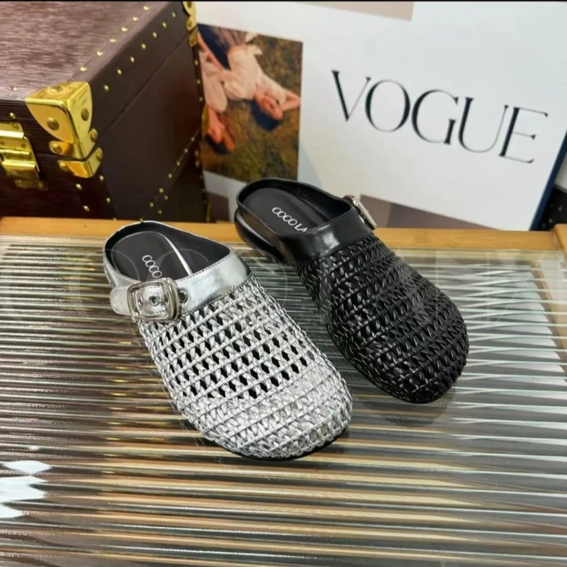 

Women's Flat Slippers Cover Toe Weaving Grid One Kick Women Shoes Breathable Summer Anti-slip Belt Buckle Zapatillas De Mujer