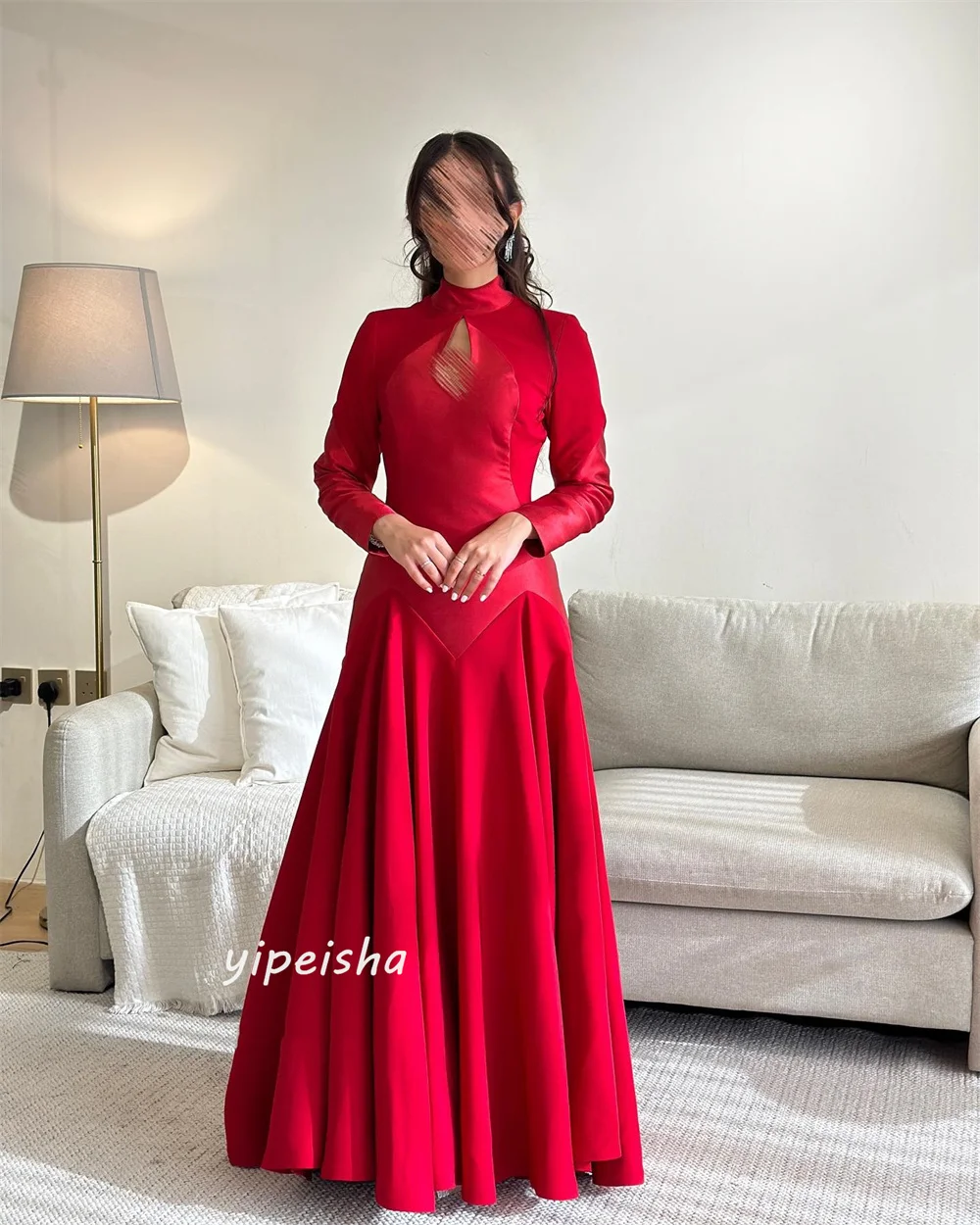 Jiayigong Satin Draped Ruched Cocktail Party A-line High Collar Bespoke Occasion Gown Long Dresses