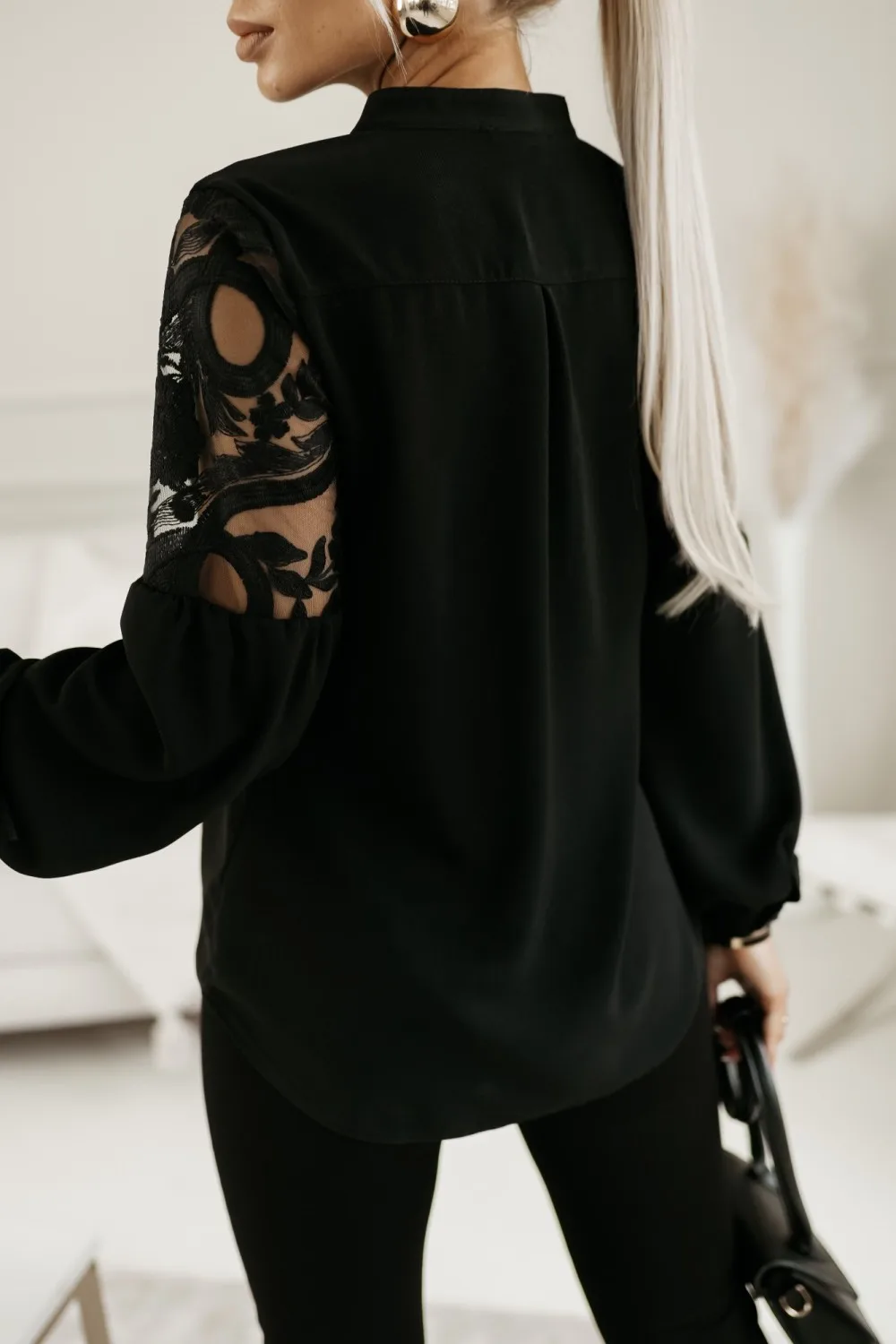 New Solid Chiffon Shirt Women\'s Tops And Blouses Fashion Lace V-neck Mesh Splice Long Sleeve Blouses Elegant Top Femme Shirts