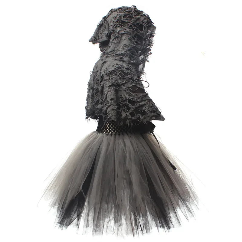 Anime Kids Girl Grim Reaper Cosplay Halloween Black Dress Hoodie Cape Skull Printed Children Costume