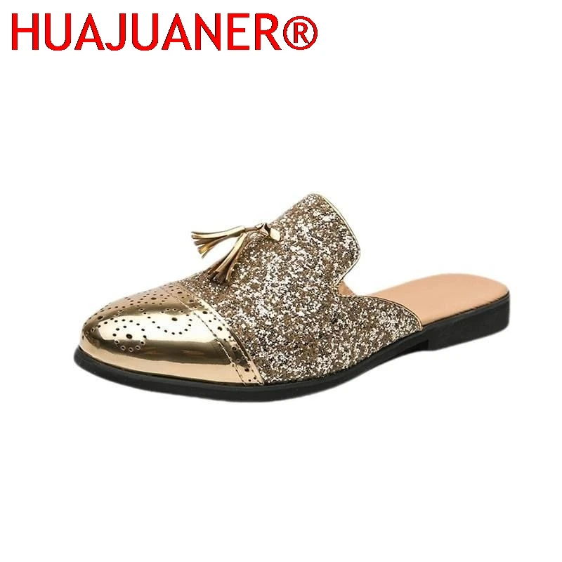 

Новые мужские золотисто-черные мюли-лоферы с пайетками и кисточками, дышащие повседневные мокасины для вождения, Zapatos Hombre