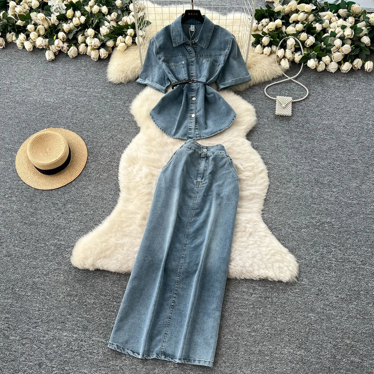 프렌치 라이트 성숙한 스타일의 스트랩 허리 짧은 소매 데님 탑 여성용 하이웨이스트 스플릿 힙 스커트 여름 투피스 세트