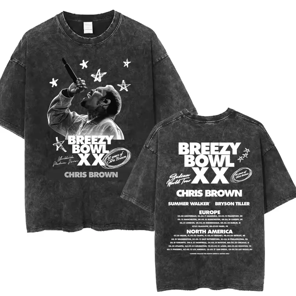 

Chris Brown Breezy Bowl XX Concert 2025 Summer 100% Pure Cotton Printed Washed T-shirt Tour Gothic Top Men's Portrait Hip Hop