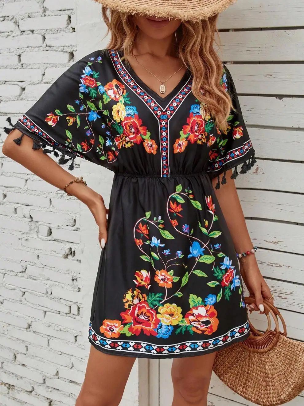 Vestido corto bohemio retro nacional romántico Su industria pesada estampado temperamento cintura shein vestido de vacaciones