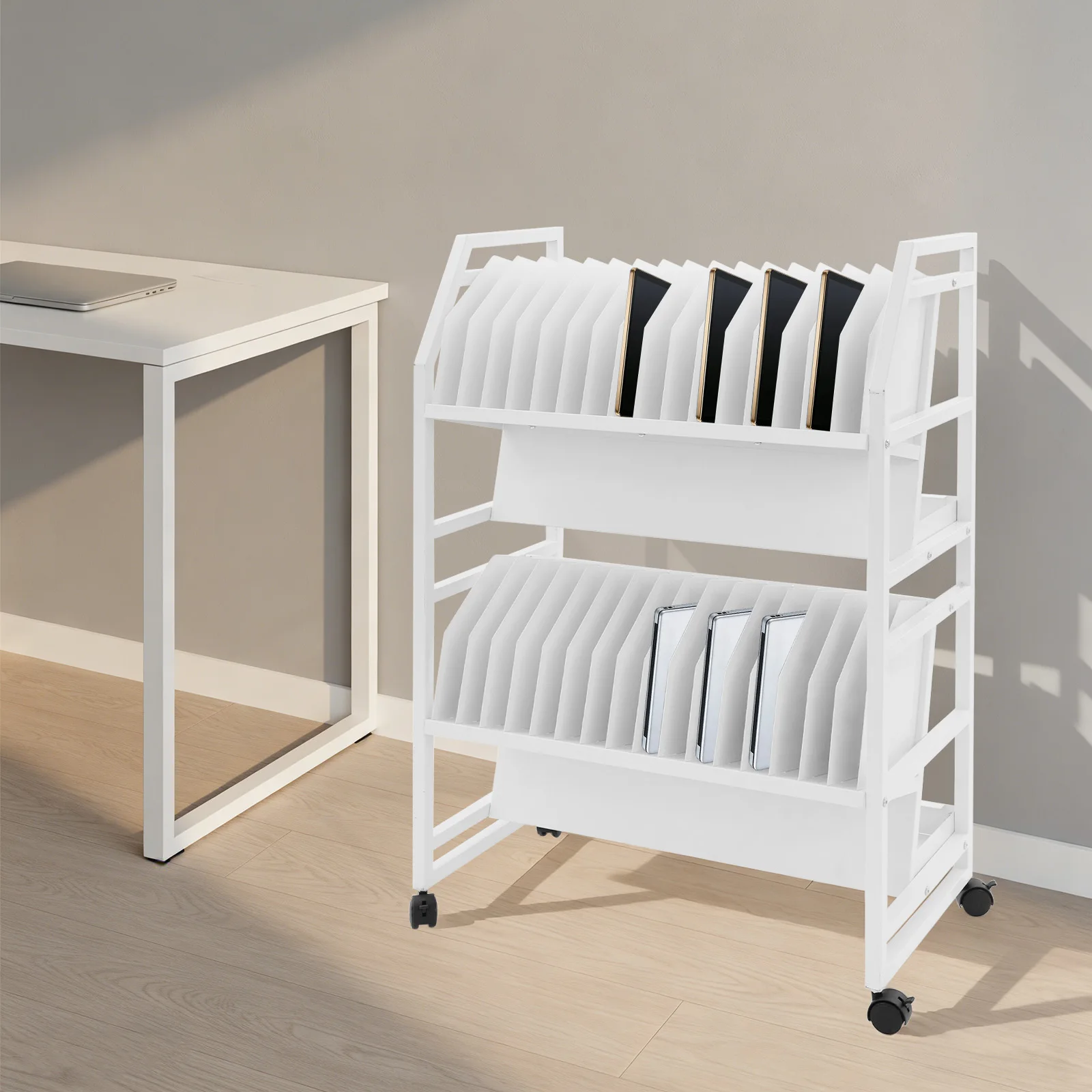 32 Storage Compartments Charging Cart Tablet Laptop Charging Station Removable Dividers Rolling Organizer Rack for School Office