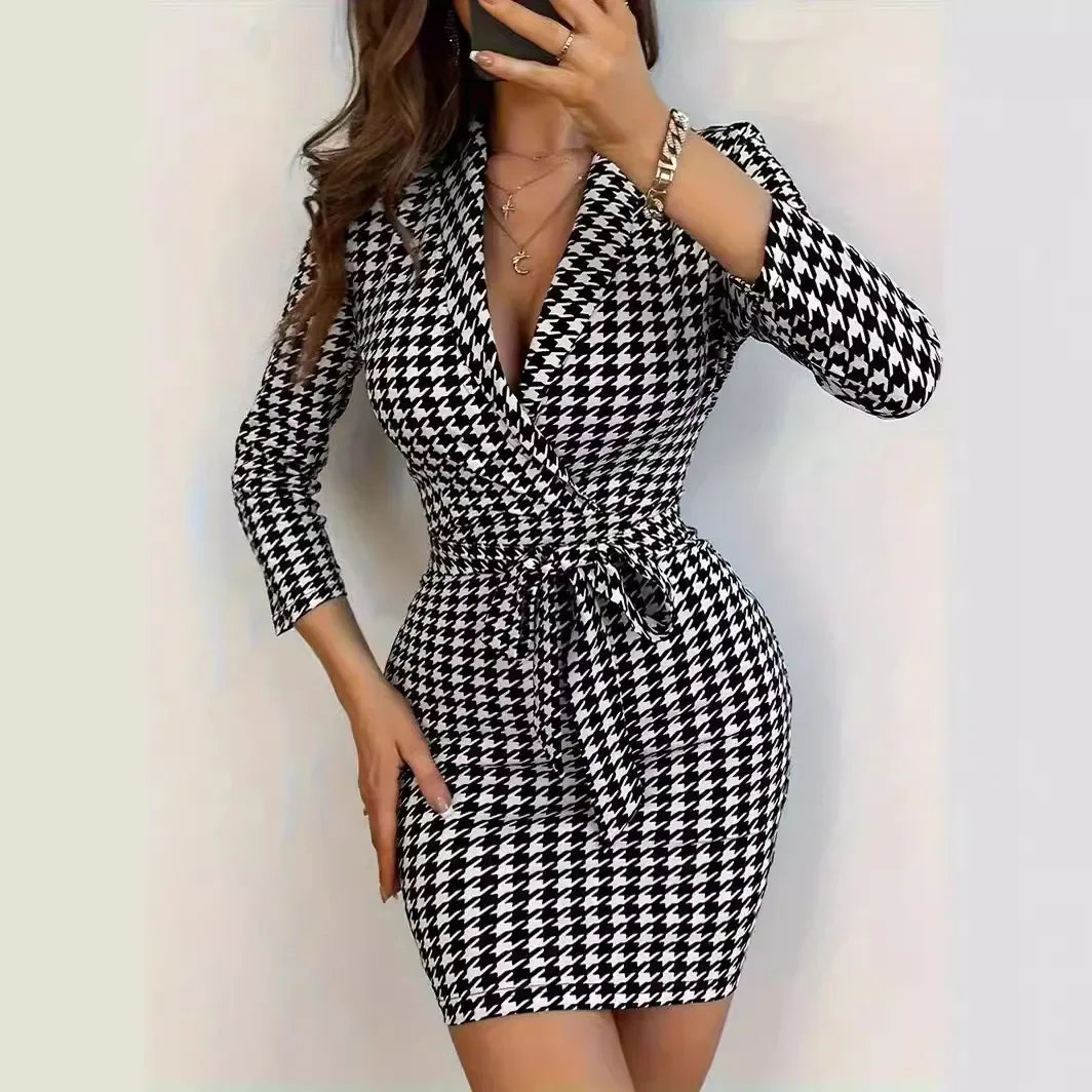 

Summer Fashion Women's New Houndstooth Print Casual Commuter Dress Slim Sexy V-Neck Skirt