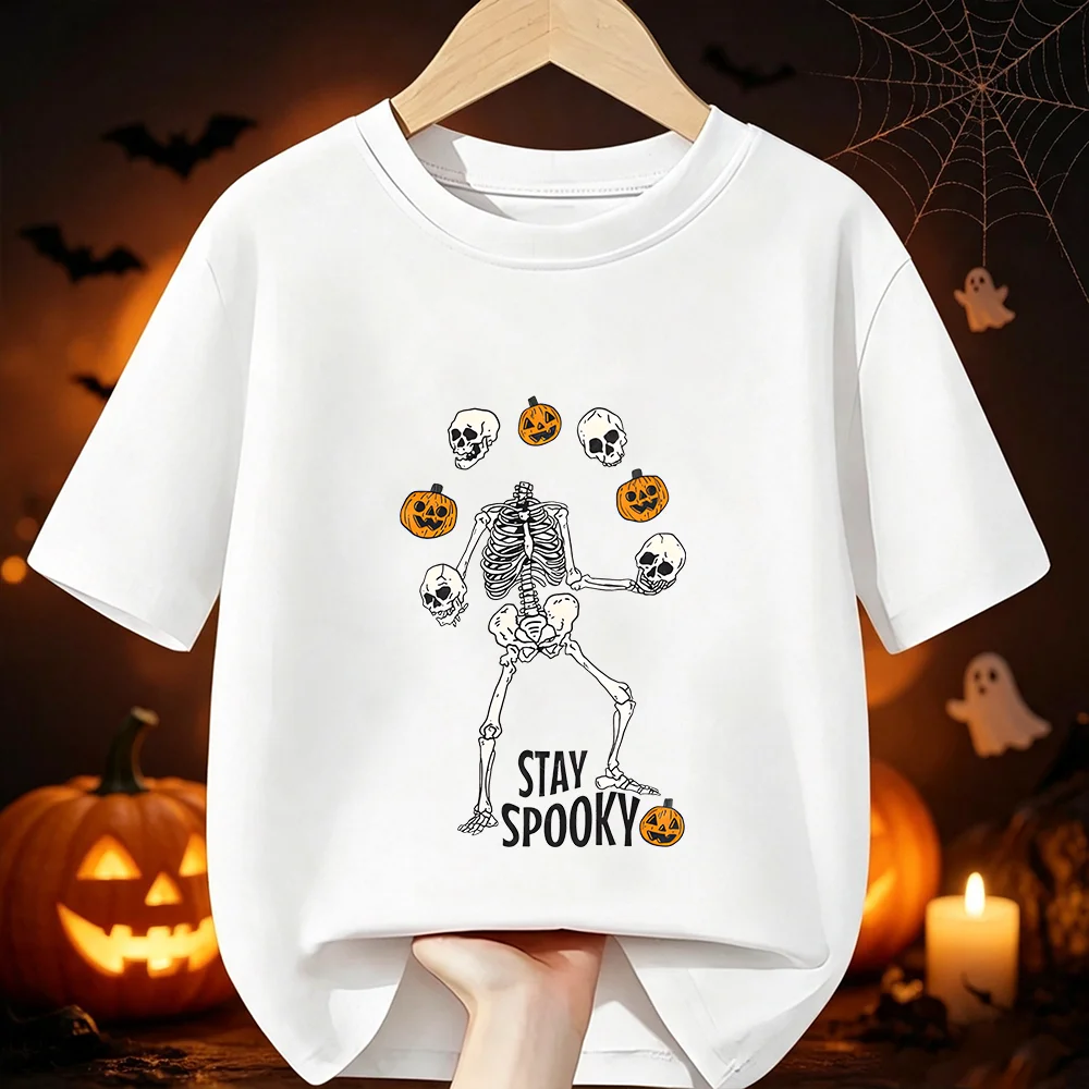 Halloween Stay Spooky Skeleton Skull Pumpkin Printed Kids Tees Cotton O‑Neck Short Sleeve Casual Boys Girls Children Clothing