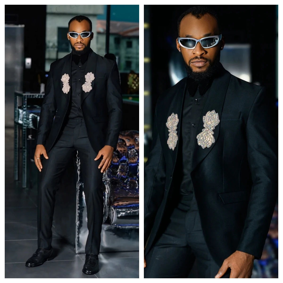 

Flowers Slim Fit 2 Pieces Men Suits Blazer Pants One Button Sheer Lapel Appliques Plus Size Formal Prom Wedding Groom Tailored