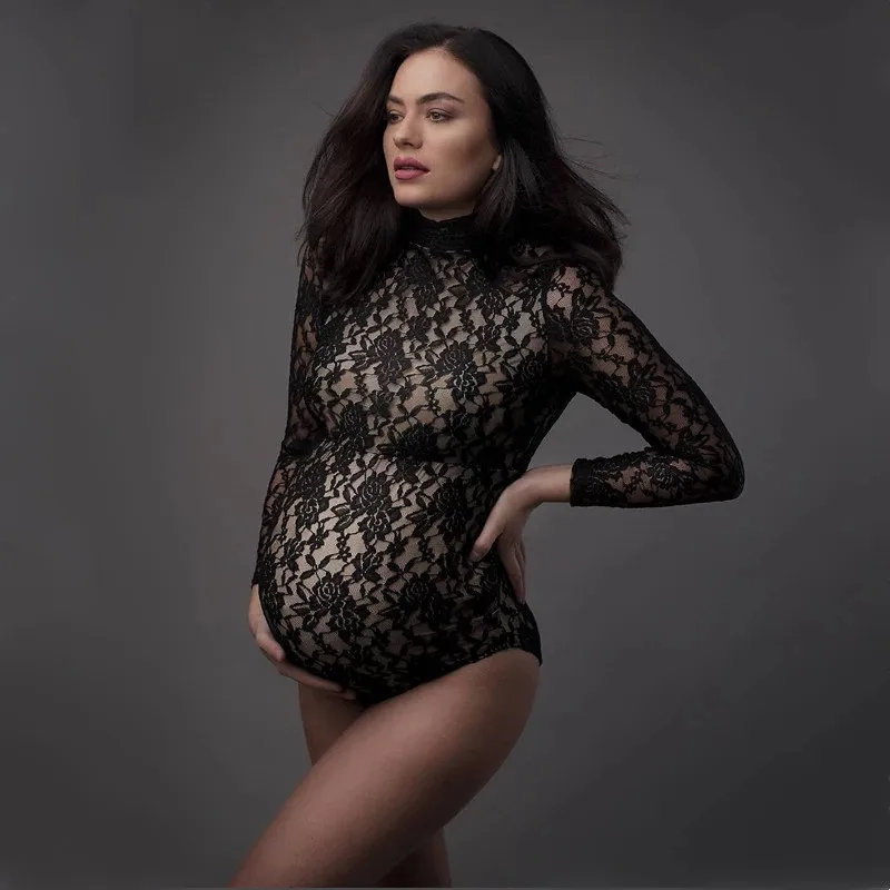 

See Through Lace Maternity Photography Props Jumpsuit Turtle Neck Stretchy Lace Pregnancy Photo Shoot Bodysuit Long Sleeve