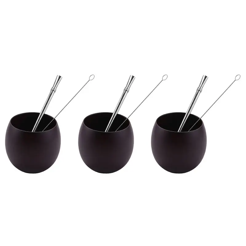 A98E-3X Wooden Yerba Gourd Mate Tea Set Handmade Natural Wood Coffee Water Mate Cup With Spoon Straw Brush 200ML(Deep)