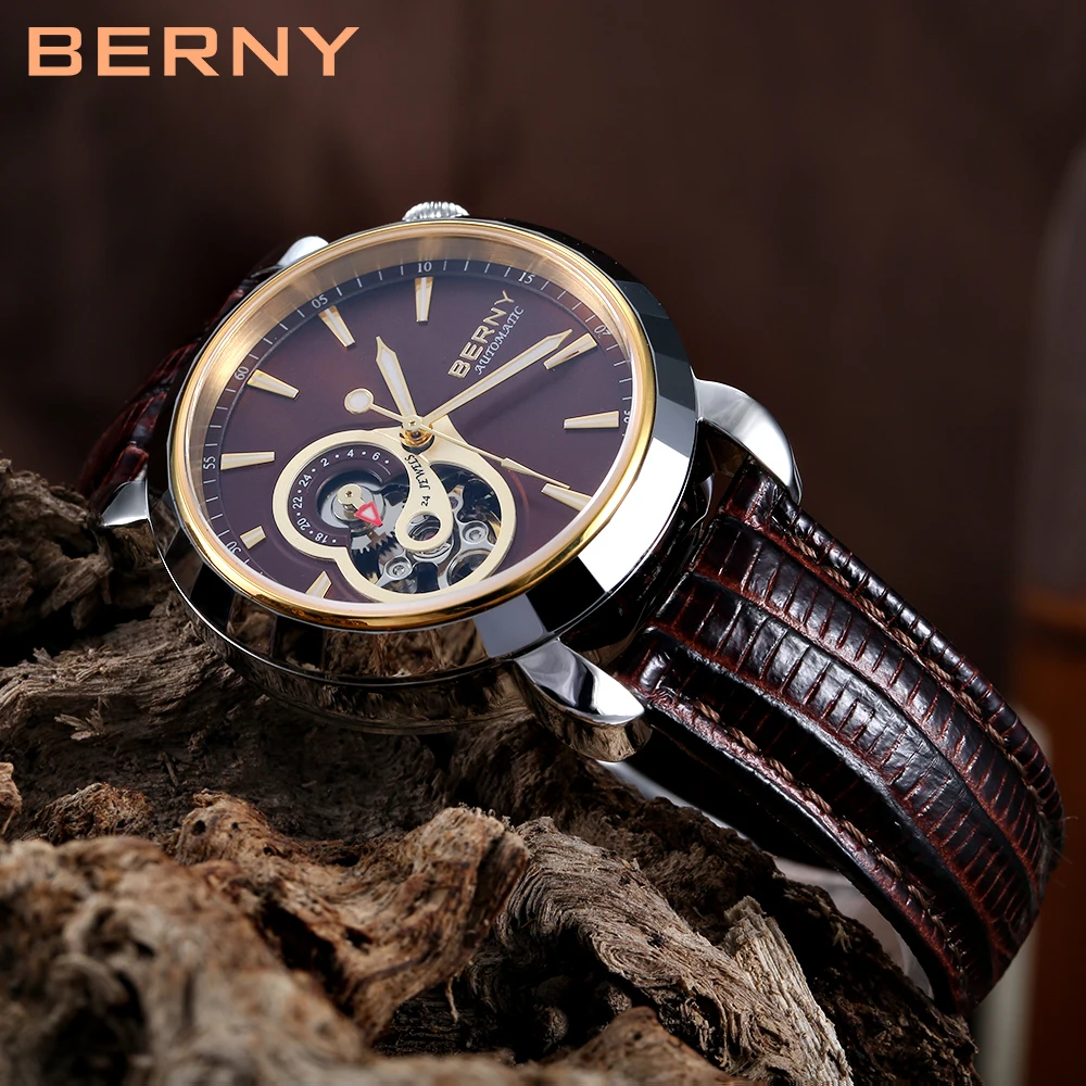 BERNY-reloj mecánico de acero de tungsteno para mujer, reloj de pulsera automático de cristal de zafiro, resistente al agua hasta 5atm, movimiento