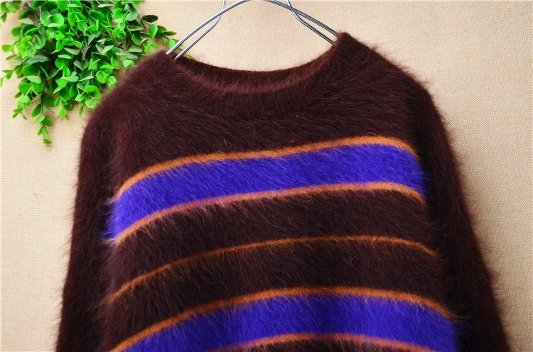 Casual Fashion Ladies Women Striped Hairy Fall Winter Angora Rabbit Hair Knitted O-Neck Loose Pullover Jumper Sweater Pull Tops