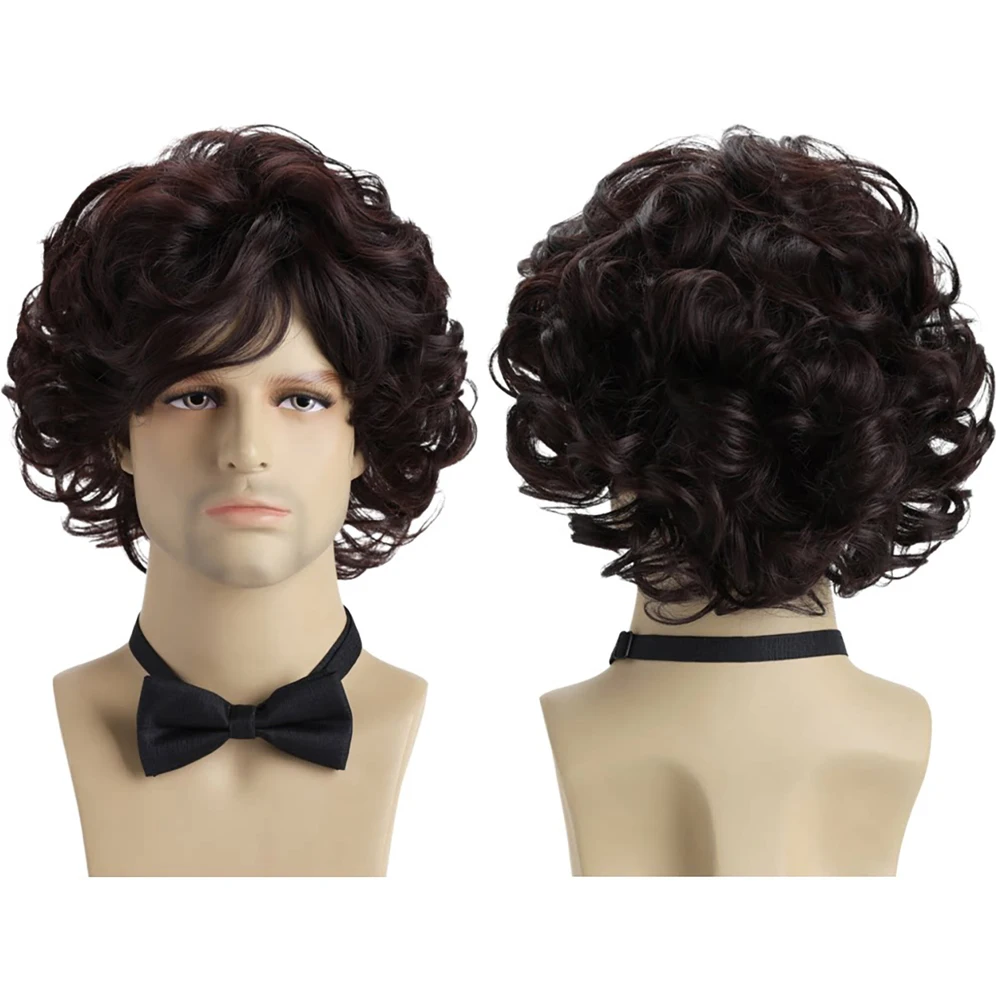 Men Dark Brown Fluffy Short Curly Cosplay Wig Halloween Party Role Play Wig Heat Resistant Synthetic Full Wig