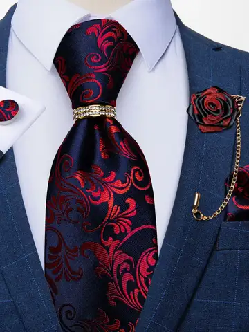 Men's Floral Red 8cm Ties Handkerchief Cufflinks Metal Ring Brooch Pin 5 Pcs Set Wedding Party Suits Accessory Gift for Husband